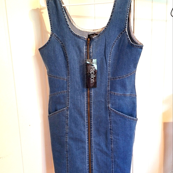 NWT Papillon Blanc Blue Denim Midi Zipper Dress Size Large Cowgirl Country - Picture 4 of 4